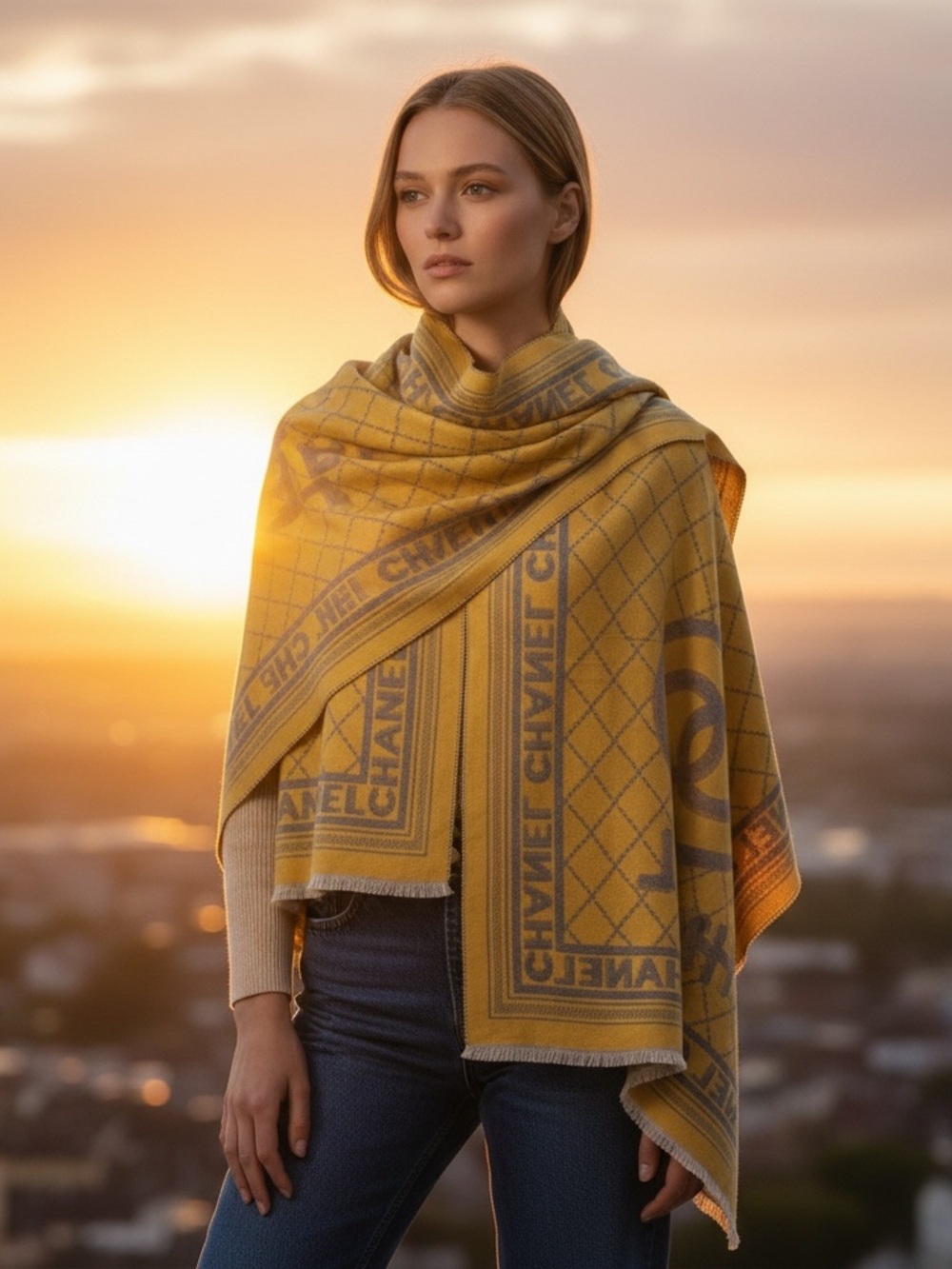 Luxury Double Sided Oversized Gray Mustard Monogram Style Shawl Wrap